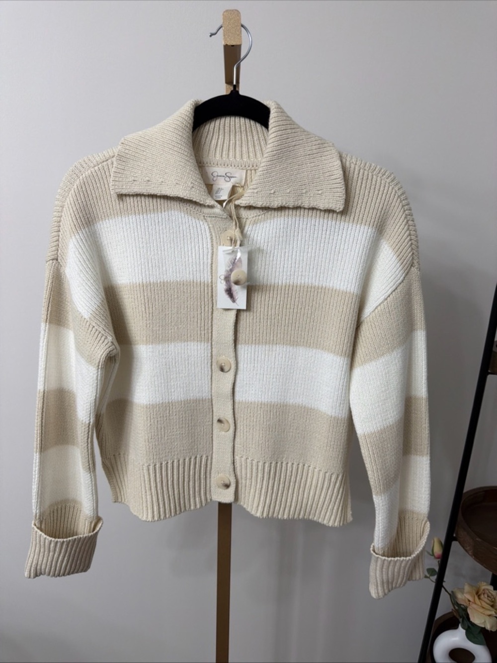 Jessica Simpson Cream & White Striped Button-Front Cardigan